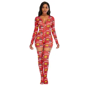Love Valentine's Day Holiday Navidad mono Navidad onesie pantalón pijama con solapa en el trasero para mujer