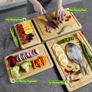 Ensemble de 4 planches à découper en bambou avec support, planche à découper de cuisine avec rainure pour <span class=keywords><strong>le</strong></span> jus, plateau de service pour viande, <span class=keywords><strong>l</strong></span>égumes, fruits - Product Image 3