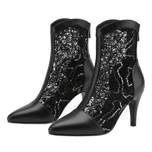 Patchwork Lace Sequin Ankle <b>Booties</b> Rear Zip Closure Pointed Toe Slim Stiletto High Heel Four Season Evening Party Women Short - Product Image 1