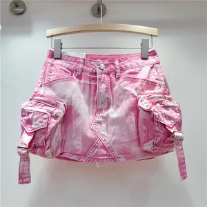 X11378c Dames Denim Rok Effen Kleur Hoge Taille Wikkel Heup 3d Zakken A-Lijn Korte Cargo Minirok 2024 Zomer Nieuwe Mode