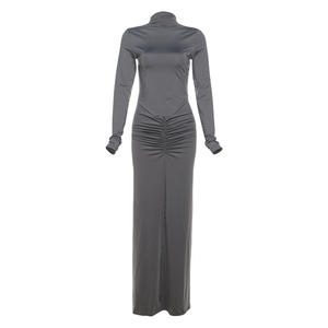 Nouvelles Arrivées Automne Hiver Robes Décontractées Unies pour Femmes Manches Longues Superposées Col Montant Coupe Ajustée Sexy Club <span class=keywords><strong>Maxi</strong></span> Respirantes - Product Image 6