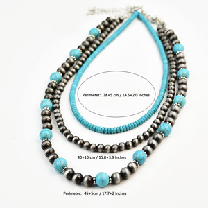 Collier Turquoise Style Navajo Transfrontalier <span class=keywords><strong>pour</strong></span> <span class=keywords><strong>Femme</strong></span>, Ensemble Haut de Gamme Trois Pièces Superposé, Perles <span class=keywords><strong>en</strong></span> Étain Antique, Fait Main - Product Image 2
