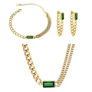 Lady Sieraden Oorbellen Ketting Armband Set Emerald Cut Zirconia Kleurrijke Geometrische Vierkante Edelsteen Sieraden Sets