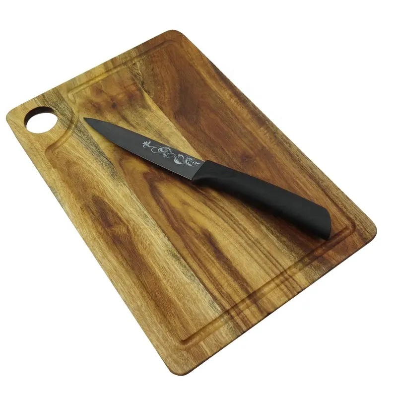 Acacia Wood Chopping Board Groove with Black Ceramic Paring Knife