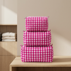 Juego de Bolsas de Cosméticos a Cuadros Rosas, Tamaño Mediano, Cierre de Cremallera, Bolsas de Viaje Multifuncionales, Material Textil, Estilo Encantador - Product Image 3