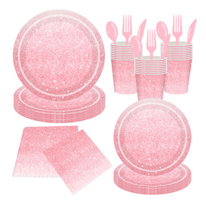 Kit de fournitures de fête jetables rose pailleté : assiettes, gobelets, serviettes, ustensiles pour décorations de fête d'anniversaire - Product Image 1