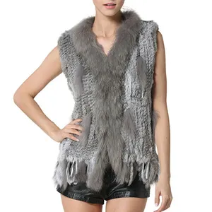 fur vest women winter wear clothes real rabbit fur vest with raccoon fur collar ladies autumn rabbit raccoon knitted vest