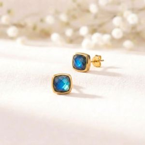 Modern Labradorite Cushion Cut <b>Stud</b> <b>Earrings</b> Natural Blue Fire Gemstone In 925 Sterling <b>Silver</b> Or 18K Gold Filled Luxury Fine - Product Image 3