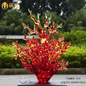 Jingyue Rode Koraalhars Kunstsculptuur, Abstract Decor Voor Luxe Huis En Kantoor, High-End Ornament Met Zwart Marmeren Basis - Product Image 4
