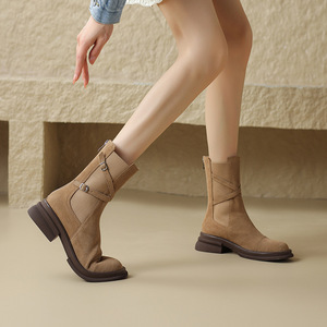 Botines de Plataforma para <span class=keywords><strong>Mujer</strong></span> de Piel Esmerilada con Punta Redonda Estilo <span class=keywords><strong>Cowboy</strong></span> Occidental, Novedad de Invierno 2024, Venta al por Mayor de Fábrica - Product Image 1
