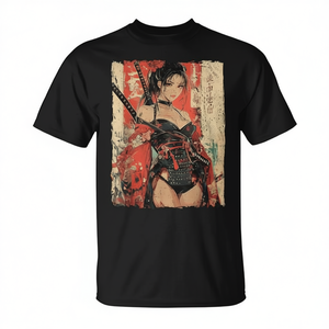 T-shirt Manga Ukiyo-e japonais avec motif de guerrier samouraï et de fille Waifu - Product Image 2