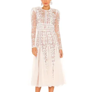 New Arrival Best Price Customization Padded Shoulders Mesh Lace Detail Throughout Mesh Midi Dresses Supplier In China