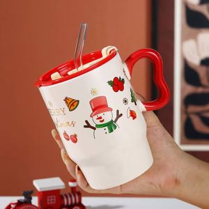 Mug en céramique avec couvercle et paille, motif de Noël de dessin animé, haute qualité, cadeau, motif Père Noël et sapin de Noël, résistant aux hautes températures - Product Image 5