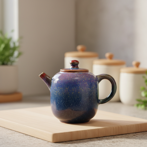 Théière artisanale en porcelaine Jun, coffret cadeau, glaçure bleu-or, poignée en porcelaine - Patrimoine culturel immatériel chinois, 200 ml - Product Image 1