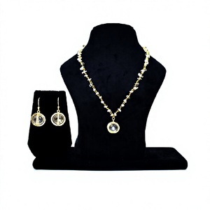 <b>Crystal</b> <b>Ball</b> Handmade Necklace Set 18 Inches Gold Tone Round Pendant Earrings Jewelry Set Elegant Style - Product Image 1