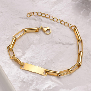 18K Gold Plated Stainless Steel Paperclip Chain Bracelet Blank Engravable Bar Adjustable Extension Chain Unisex Fashion Jewelry - Product Image 2