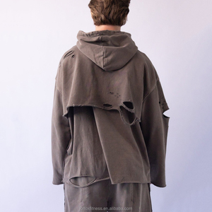 Produttore Personalizzato di Abbigliamento Moda Taglie Forti, Felpa Spessa 100% Cotone Foderata Anti-Pilling, Vestibilità Ampia, Modello Due-in-uno, Taglio Girocollo, Effetto Distressed e Orlo Grezzo - Product Image 4