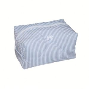 Bolsa de Maquillaje de Algodón a Rayas, Bolsa con Lazo Rosa, Linda Bolsa de Cosméticos - Product Image 1