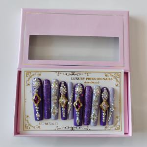 Nuevo diseño 2025 púrpura lujo prensa en las <span class=keywords><strong>uñas</strong></span> para fiesta Club largo cuadrado hecho a mano acrílico falso <span class=keywords><strong>uñas</strong></span> postizas - Product Image 1