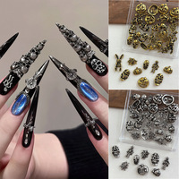 Breloques d'ongles en alliage tête de mort Halloween, 30 pièces/boîte, strass 3D, or antique, argent, bijoux d'ongles gothiques punk