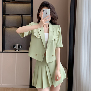 Women's Pink Blazer Suit Set With Skirt Solid Color Polyester Satin Casual Office Look - Product Image 2