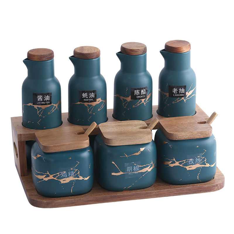 Matte Green Set de 7 pots de sucre bouteille d'huile avec support en bois