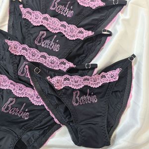 Nouvelle tendance de <span class=keywords><strong>la</strong></span> mode filles glace soie noir rose avec dentelle un mot avec strass <span class=keywords><strong>culotte</strong></span> sexy soyeuse dopamine - Product Image 3
