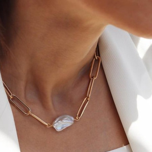 Mulheres Bijoux Femme Jóias 18K Banhado A Ouro Irregular Barroco Água Doce Pérola Papel Pin Aço Inoxidável Colar Paperclip Cadeia - Product Image 2