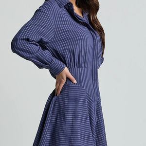 เดรสผ้าลินินคอตตอนเอวสูงทรงมินิเซ็กซี่สำหรับผู้หญิง ขายดี แฟชั่นลำลองฤดูร้อน เดรสลายทาง รับผลิตแบบ OEM - Product Image 2