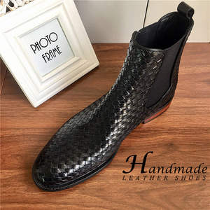 Bottes d'affaires haut de gamme en cuir tressé faites à la main, style britannique, chaussures montantes pour hommes, bottes Chelsea en cuir. - Product Image 2