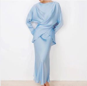 Enyami Fashion Dames 2-delige satijnen lange elegante dames Abaya Dubai O-hals lange mouwen maxi rok set - Product Image 2