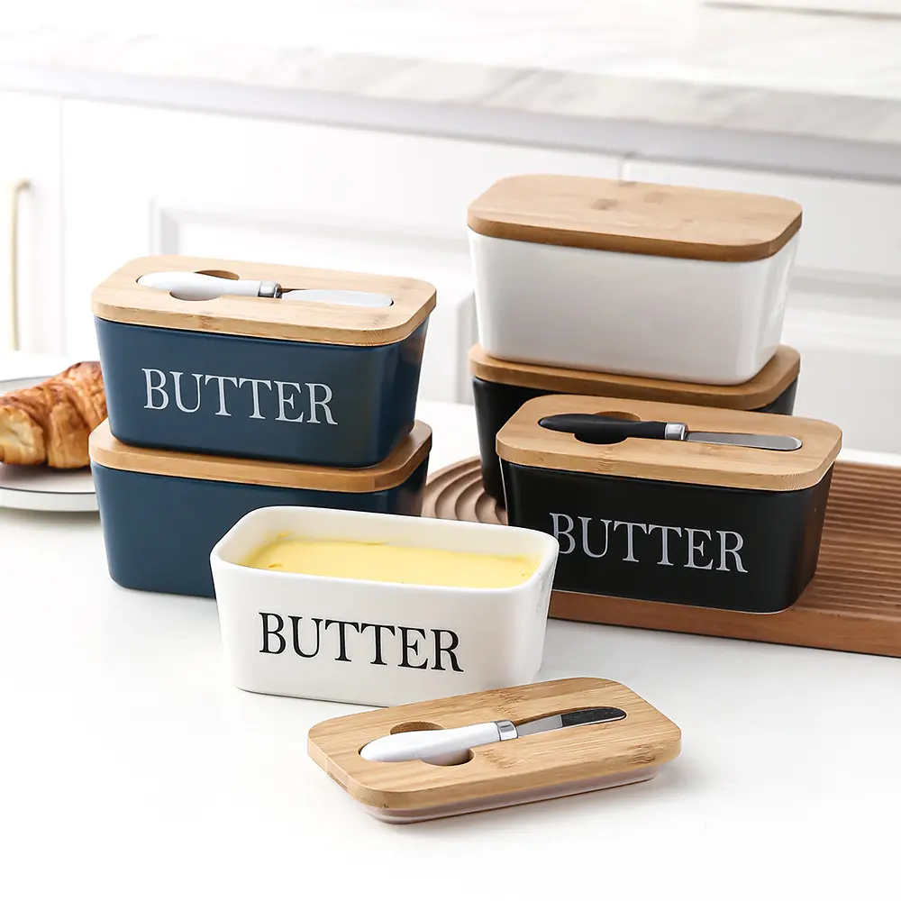 hot selling porcelain rectangle butter box butter container keeper ceramic animal butter dish with wooden lid and knife set