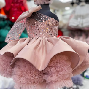 Stile europeo monospalla abito da sposa ragazza a <span class=keywords><strong>maniche</strong></span> <span class=keywords><strong>lunghe</strong></span> soffice maglia abito da principessa per bambini grande fiocco abiti da compleanno per ragazze - Product Image 4