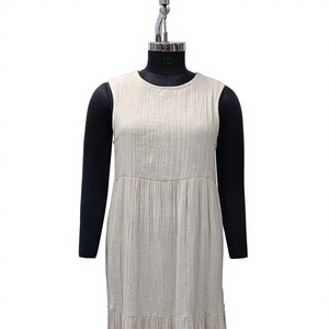 Cream Sleeveless Maxi <b>Dress</b> With Pleated Layered Hem O-Neck <b>Loose</b> Fit Casual Woven Linen Cotton Spring Solid Color <b>Dress</b> - Product Image 1
