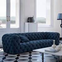 Ensemble de salon de style classique de luxe, canapé Chesterfield en cuir bleu moderne italien, trois places