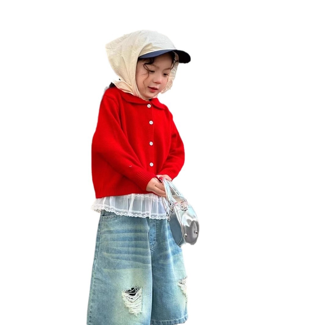 Girls' Spring Casual Knitted Cardigan New Korean Style Turn-Down Solid Color Sweaters for Young Toddlers Autumn Fashionable