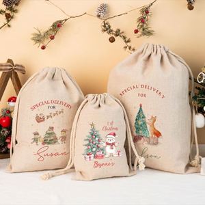 Bolsa de Regalo Navideña Personalizada Ecológica y Duradera para Niños, Saco de Santa Personalizado, Bolsa de Lino y Algodón con Cordón para Fiestas Familiares - Product Image 2