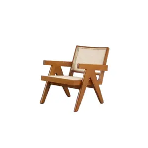 Hotel coffee shop wooden rattan woven single chair Nordic living room wood armrest woven rattan chair