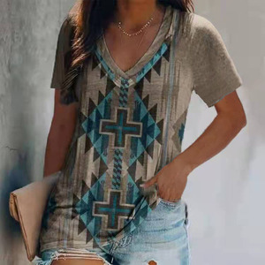 2023 nouveau gros <span class=keywords><strong>bohème</strong></span> femmes <span class=keywords><strong>T</strong></span>-shirts Vintage mignon femmes Western Blouse - Product Image 1