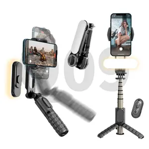 Venta caliente Q09 LED Luz de relleno VLOG teléfono móvil pan Tilt Anti Vibración trípode estabilizador de mano Bluetooth selfie stick