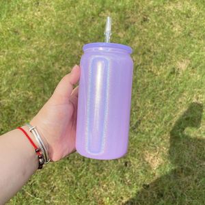 Entrepôt USA : Gobelet en verre holographique scintillant de 16 oz avec couvercle en PP et paille en plastique pour transfert thermique par sublimation - Product Image 5