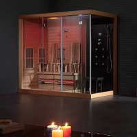 Sauna moderna de madera maciza al aire libre de cedro rojo con siete luces de colores para uso en Villa