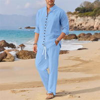 Ensemble 2 pièces Jiaer pour homme : Chemise à col montant en lin à manches trois-quarts et pantalon à cordon de serrage – Tenue décontractée de plage – Vente en gros OEM