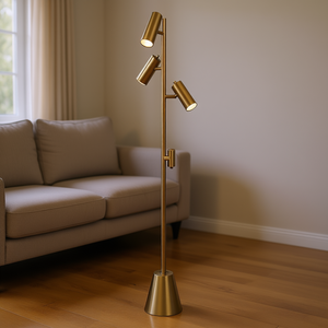 Lampadaire Lumina en laiton à trois spots, interrupteur rotatif, base conique en métal, design moderne, éclairage intérieur LED - Product Image 2
