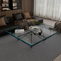 Table basse carrée en verre trempé pour salon, cadre en métal en forme de X, plateau en verre transparent, base noire, profil bas, Couchtisch