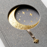 Carnet A5 personnalisé Lune Creuse, couverture rigide en lin gris, journal céleste à feuille d'or pour femme