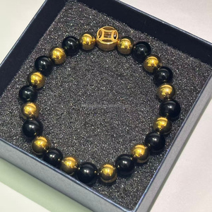 Bracelet en acier inoxydable de perles d'obsidienne, pendentif en jade porte-bonheur réglable plaqué or, vente en gros - Product Image 2