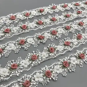 Broderie de luxe personnalisée de fleurs de Rose, dentelle Soluble dans l'eau, bordure de bord de ruban pour robes avec perles