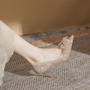 Leather Gold Summer Wedding <b>Shoes</b> for Women champagne Color <b>Chinese</b> Style Bridal Stiletto Heel High Heels Sense Sophistication - Product Image 5