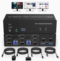   Commutateur KVM DP (2 entrées, 3 sorties) : KVM hybride permettant à 2 ordinateurs de partager un clavier, une souris et 3 moniteurs.